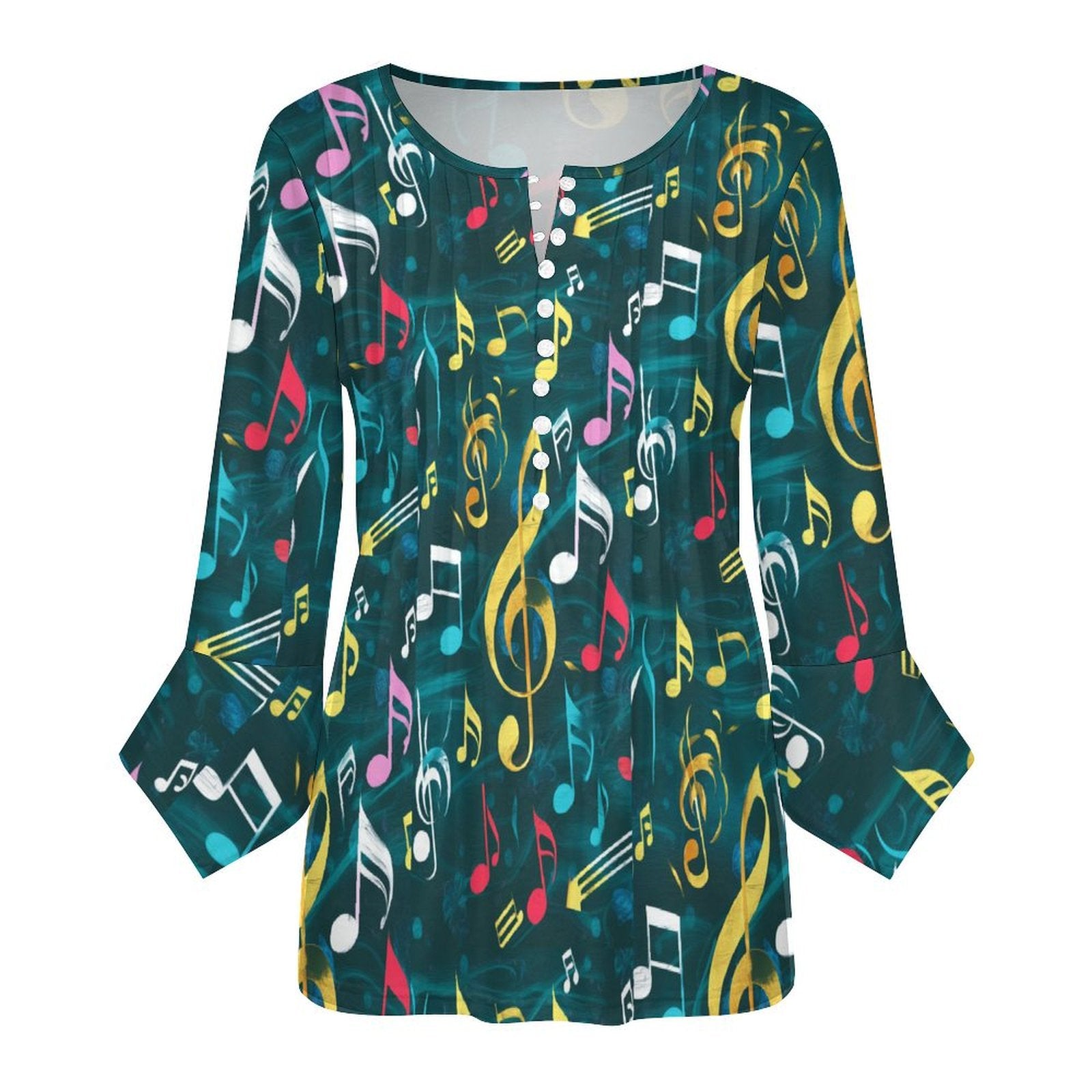 Rainbow & Jade Music Button Up Ruffled Petal Sleeve Top