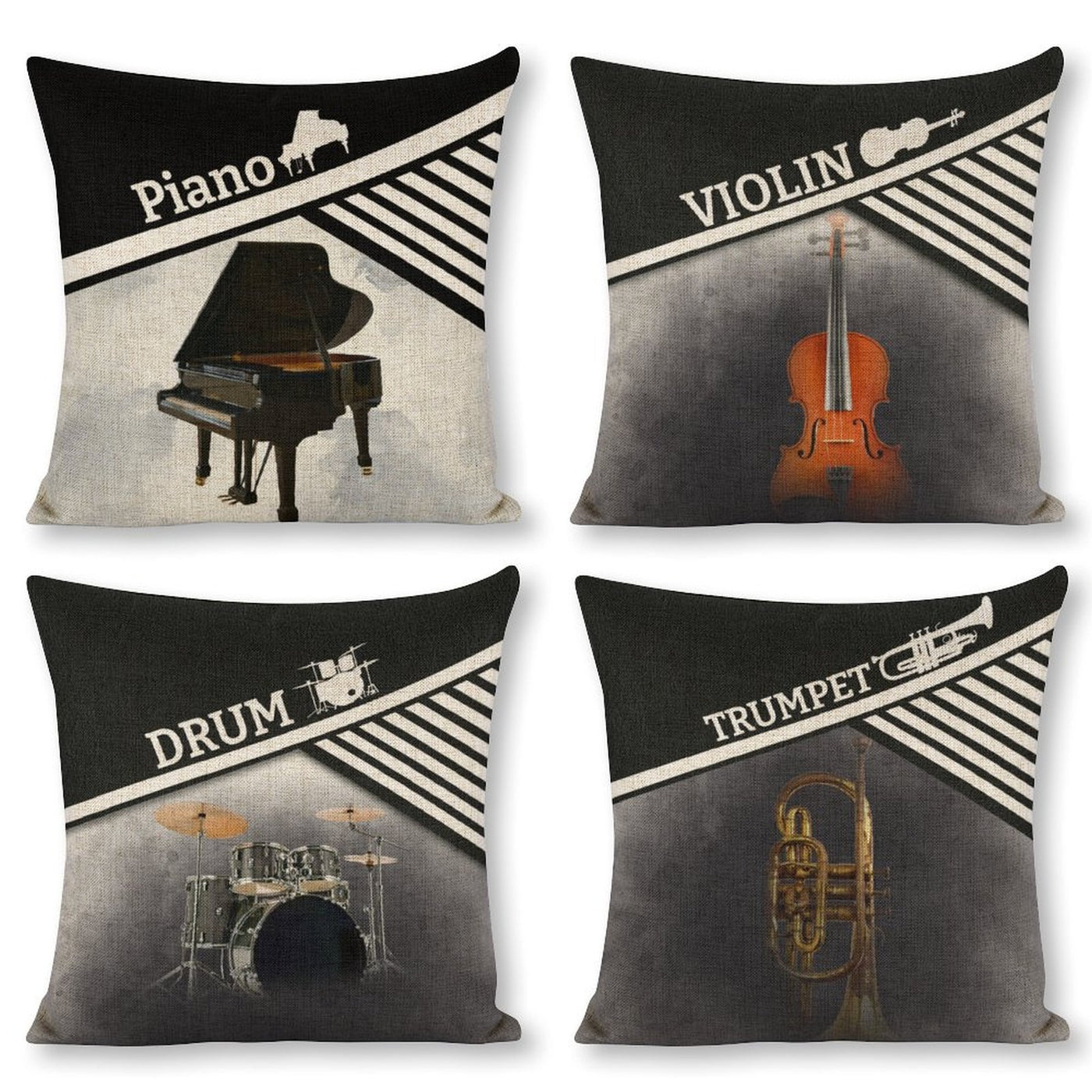 Piano Violin Drum Trumpet Linen Pillowcase (Set of 4)