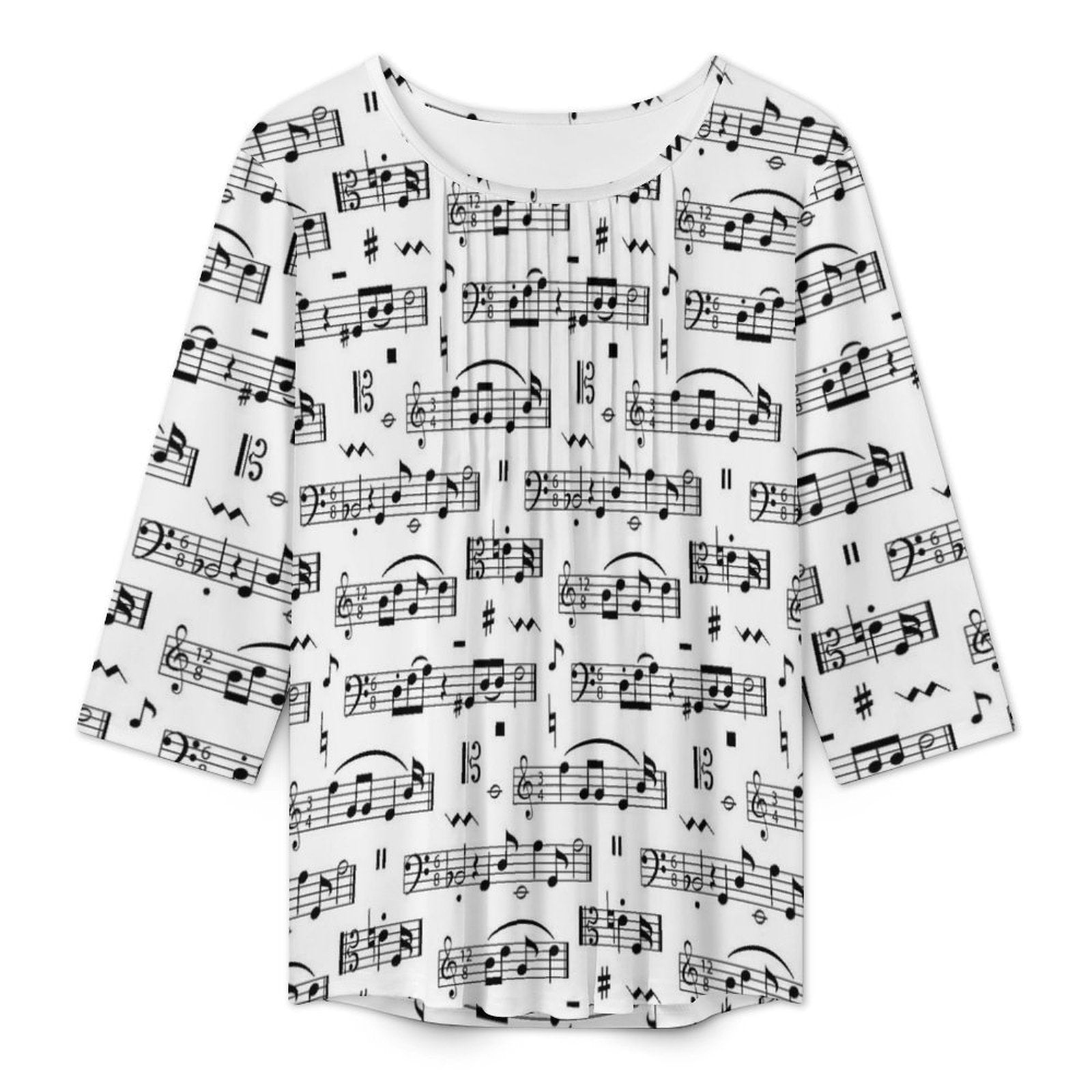 Music White Women's 3/4 Sleeve Pleated Tunic Top