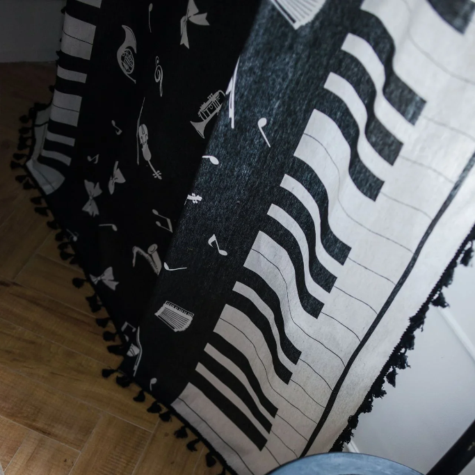 Black Tassels Piano Printed Curtain