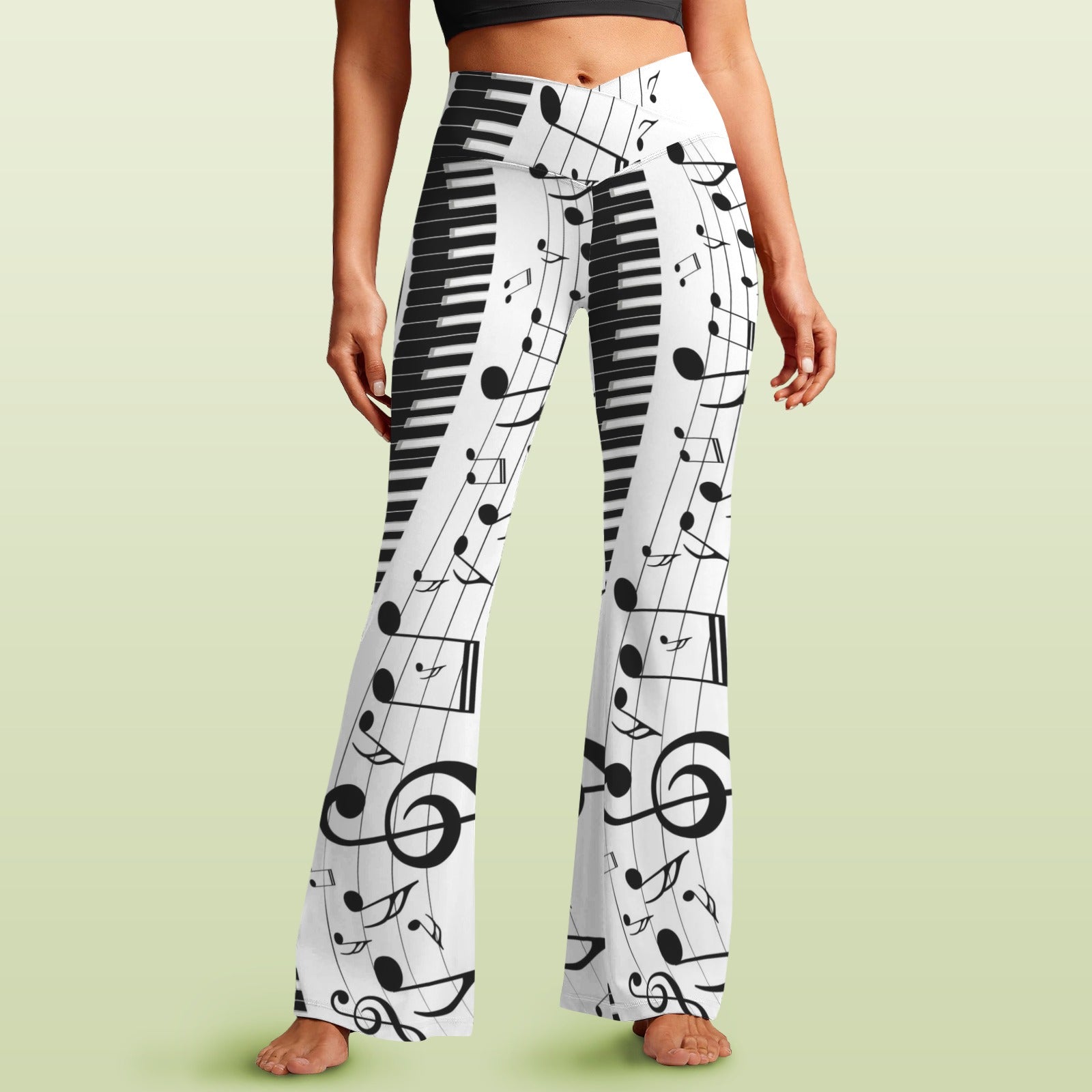 Music Piano Keys White Crossover High Waist Flare Leggings