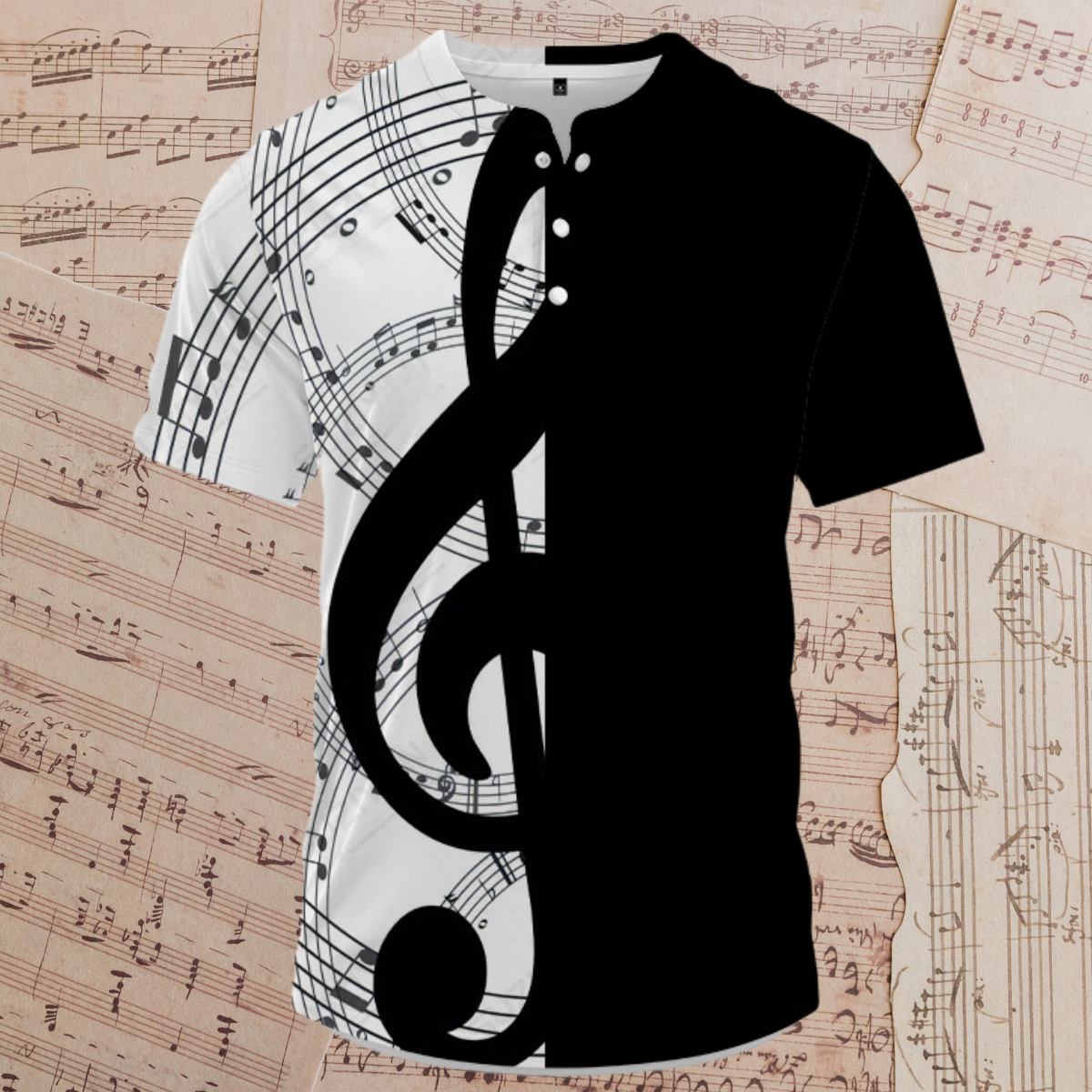 Music Guitar Button Neck T-shirt