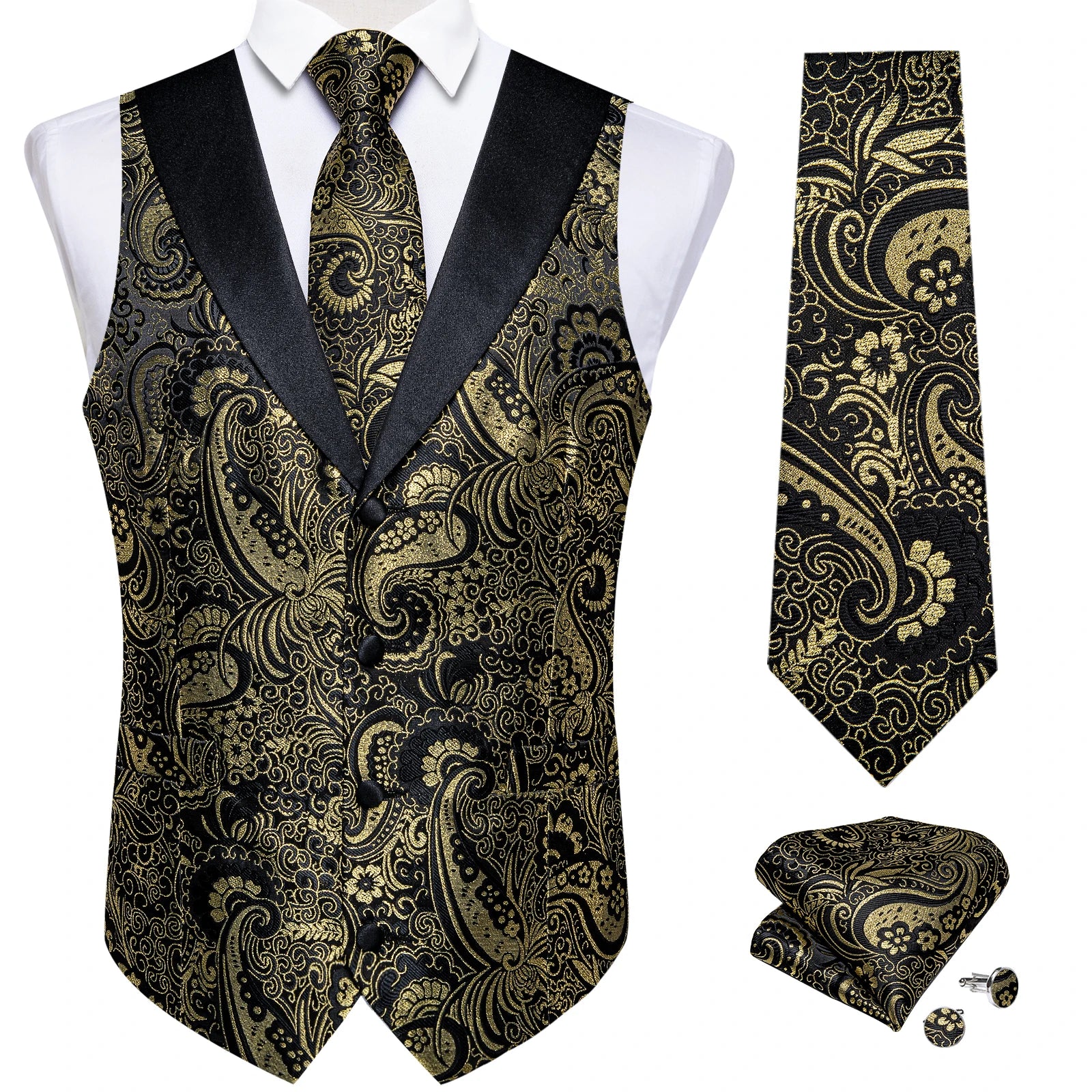 Men's Suit Vest Set (Necktie Handkerchief Cufflinks Waistcoat)
