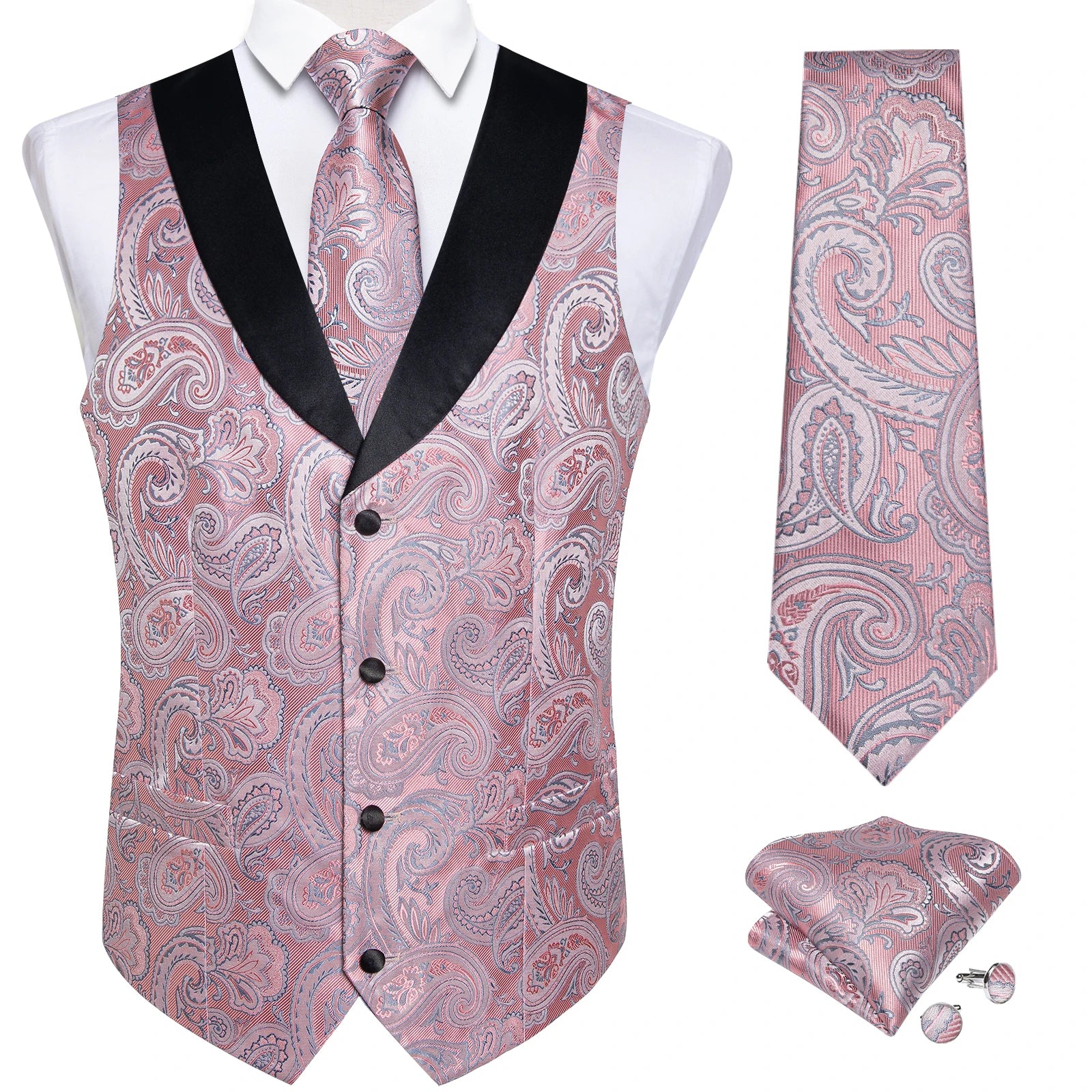 Men's Suit Vest Set (Necktie Handkerchief Cufflinks Waistcoat)