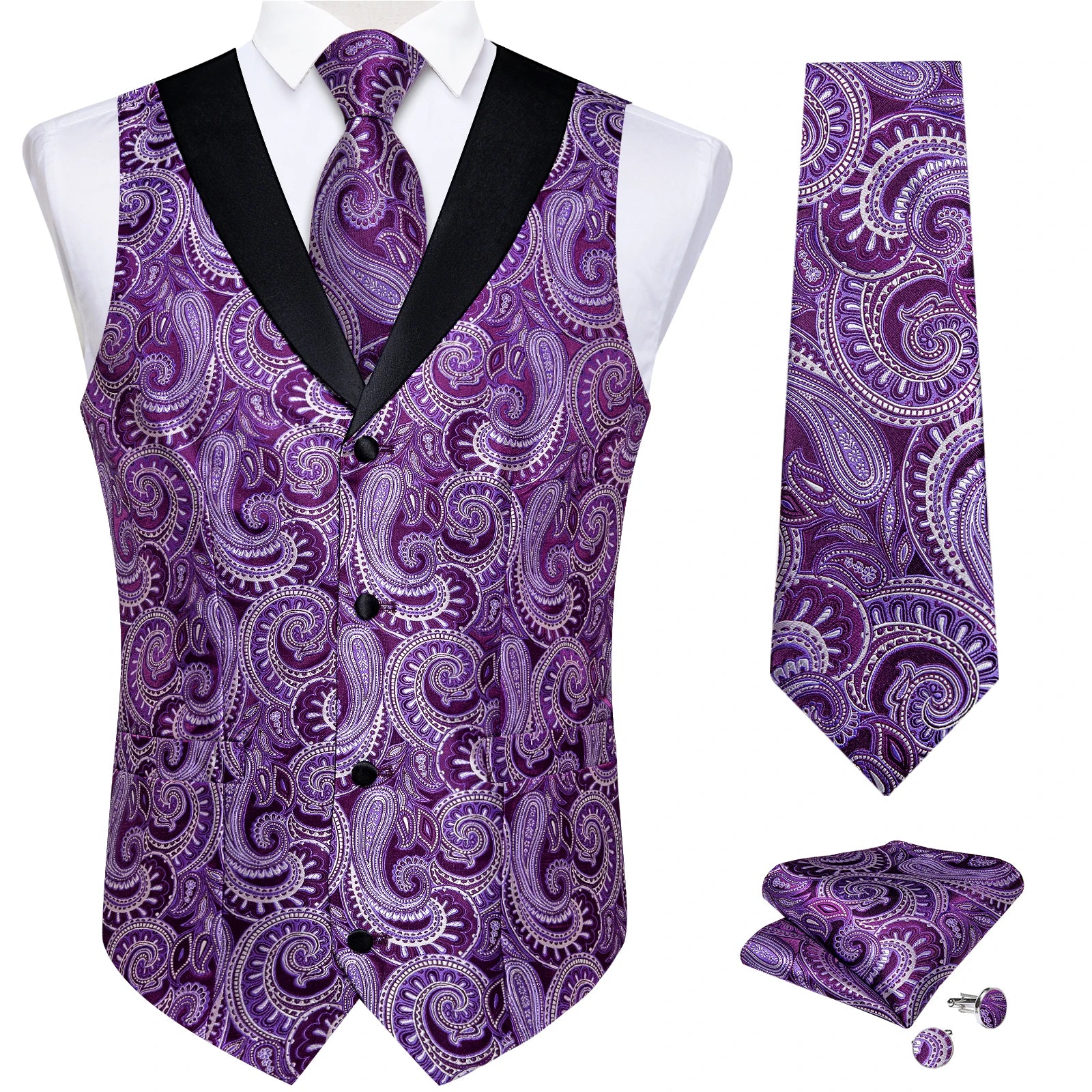Men's Suit Vest Set (Necktie Handkerchief Cufflinks Waistcoat)