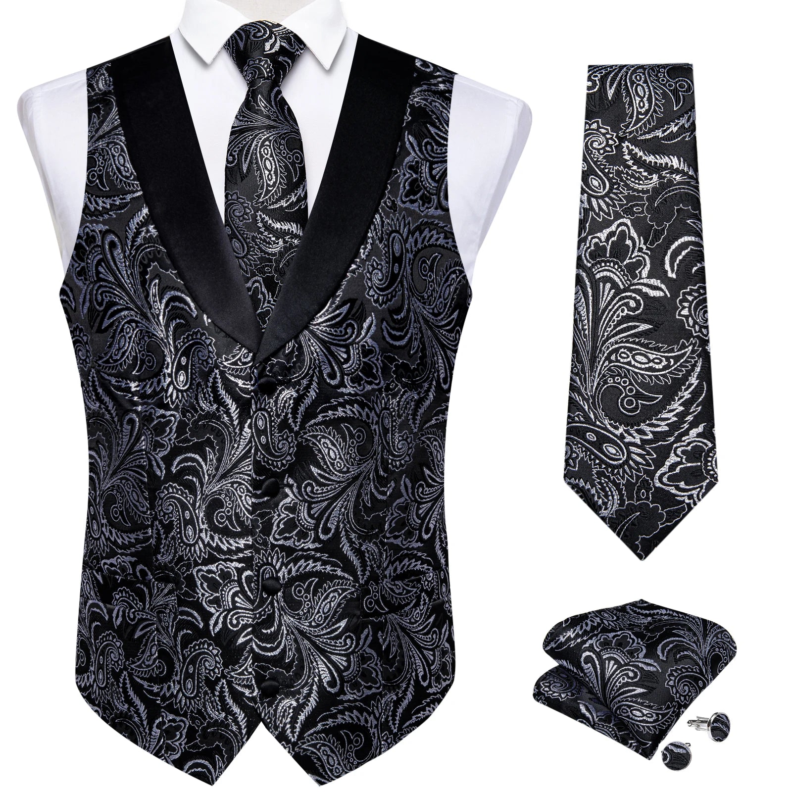 Men's Suit Vest Set (Necktie Handkerchief Cufflinks Waistcoat)
