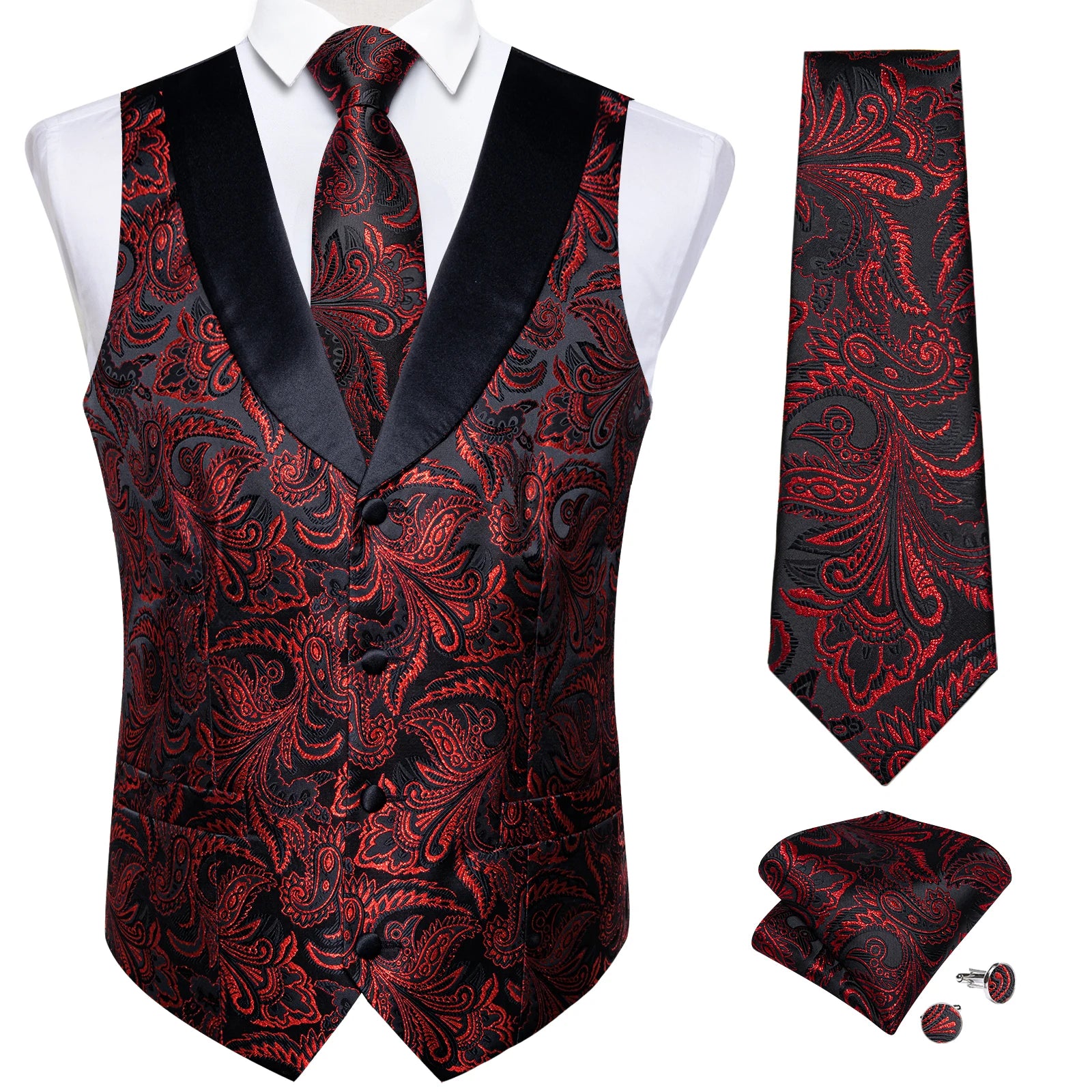 Men's Suit Vest Set (Necktie Handkerchief Cufflinks Waistcoat)