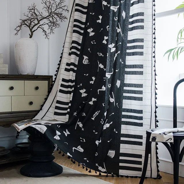 Black Tassels Piano Printed Curtain