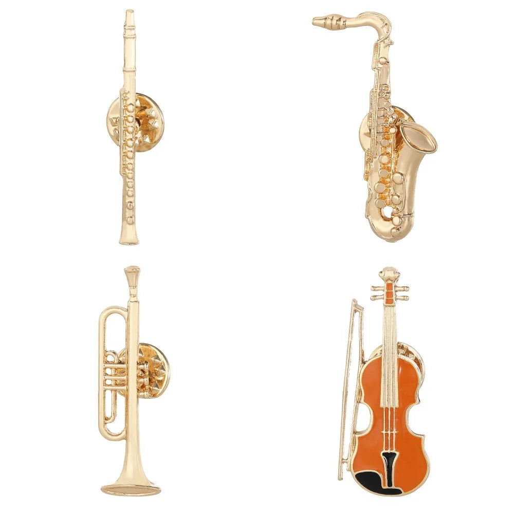 Jazz Music Instrument Shaped Brooch Pin (Trumpet Flute Violin Saxophone)