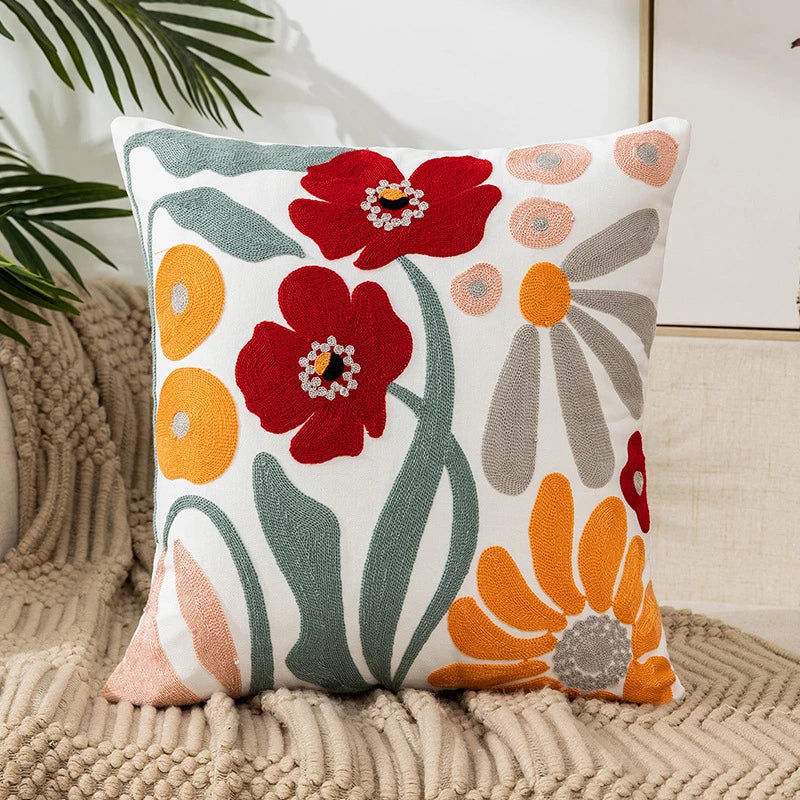 Embroidered Flowers Throw Pillow Cover