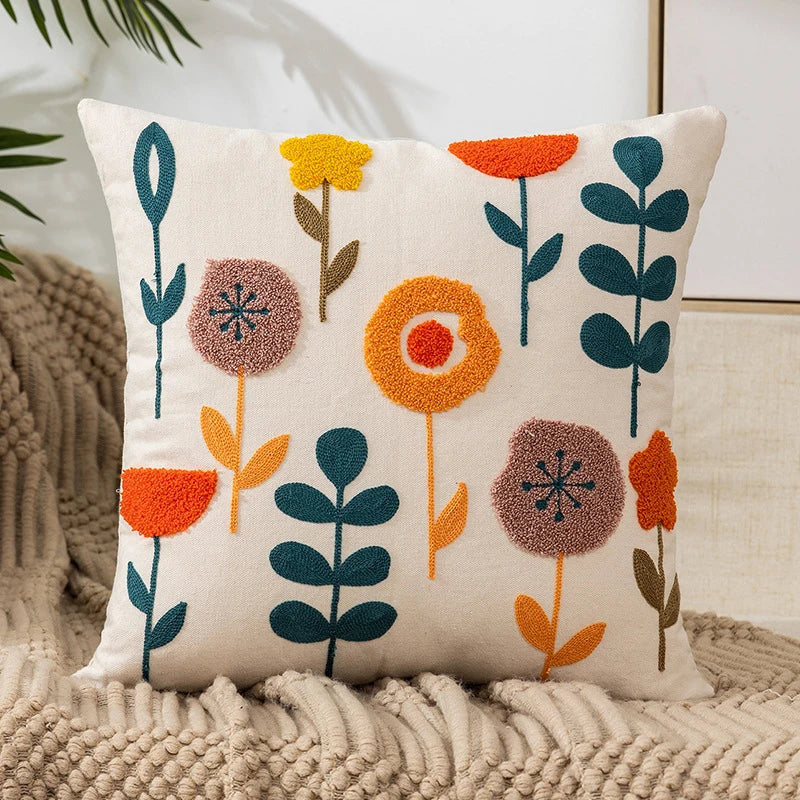 Embroidered Flowers Throw Pillow Cover