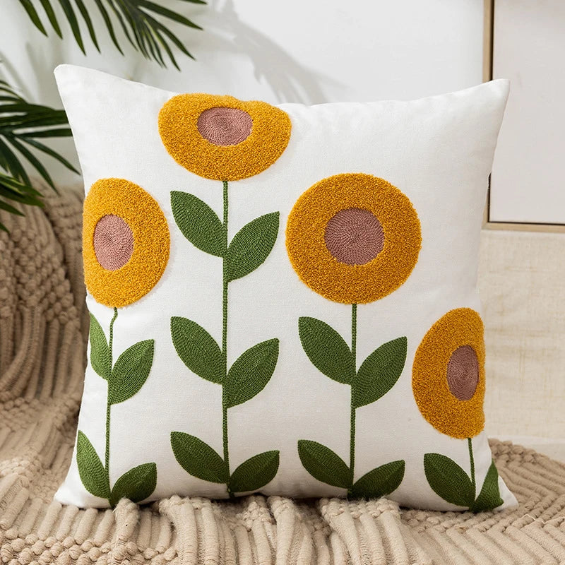 Embroidered Flowers Throw Pillow Cover