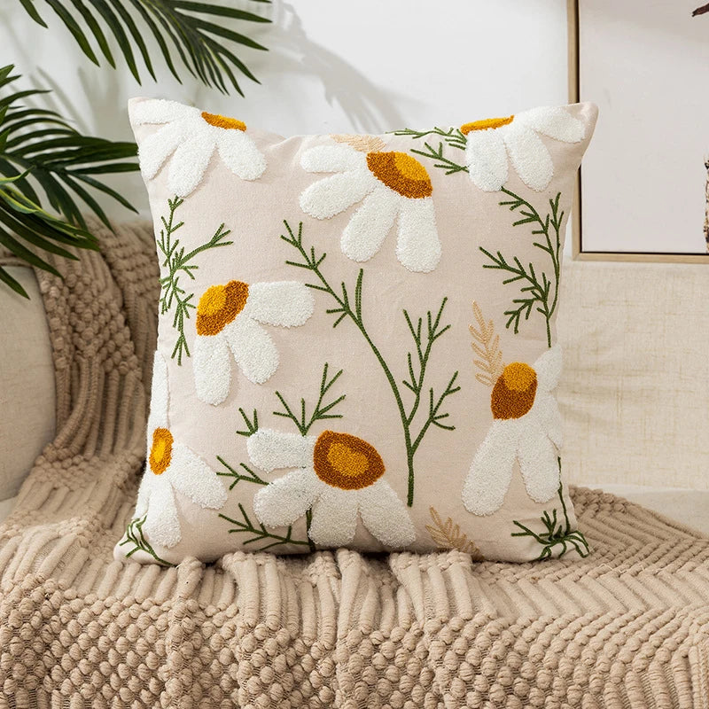 Embroidered Flowers Throw Pillow Cover