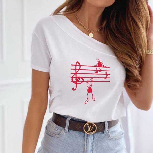 Music One Side Off-Shoulder T-shirt