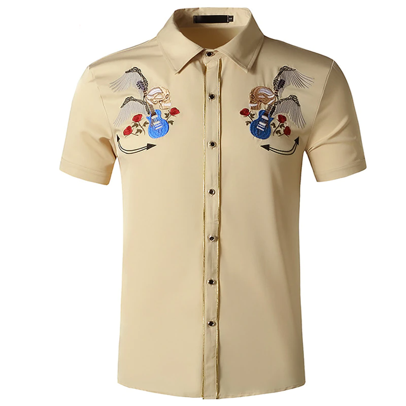 Vintage Rose Skull Guitar Embroidery Shirt