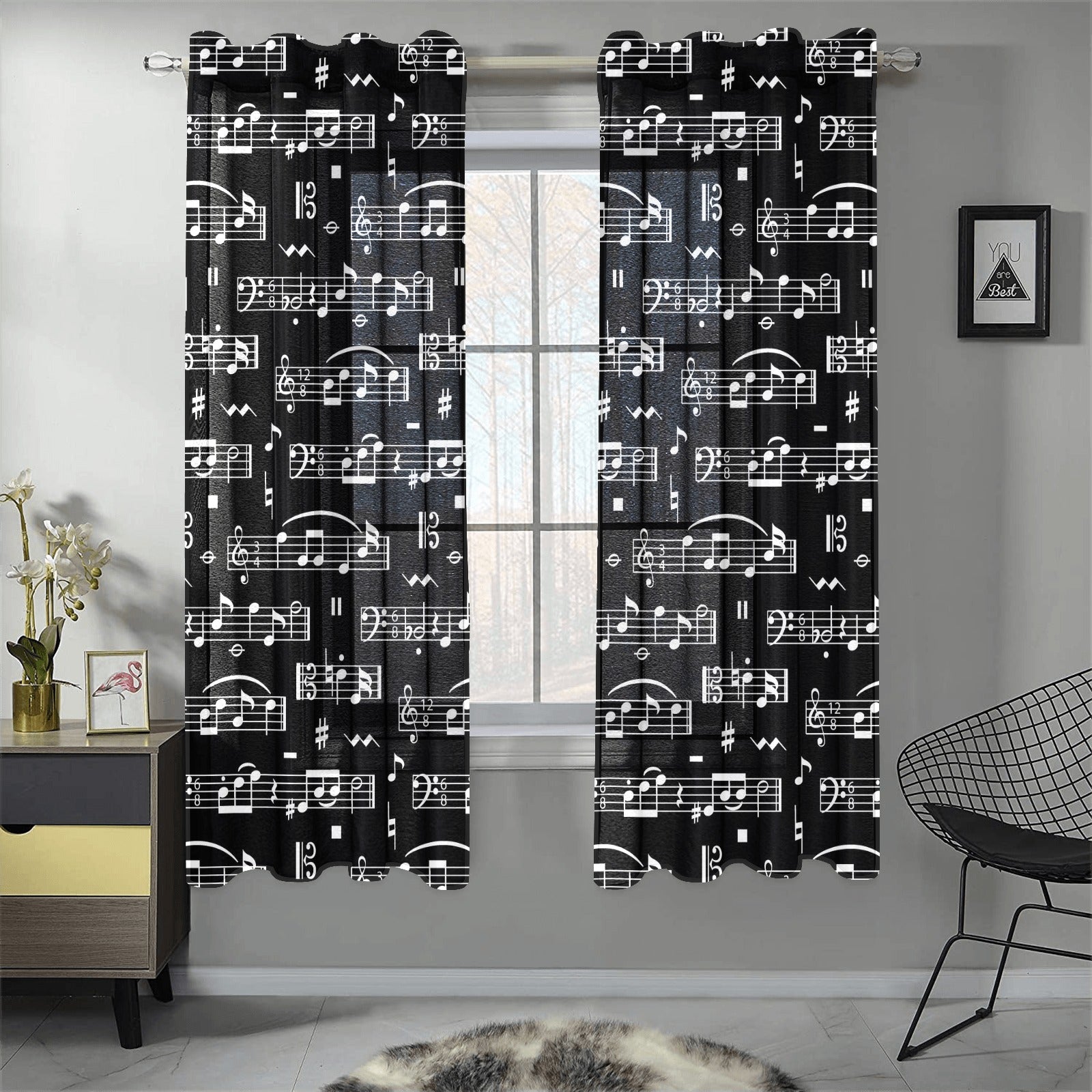 Black Music Scores Gauze Curtain 28"x63" (Two Pieces)