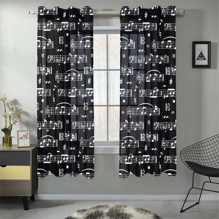 Black Music Scores Gauze Curtain 28"x63" (Two Pieces)