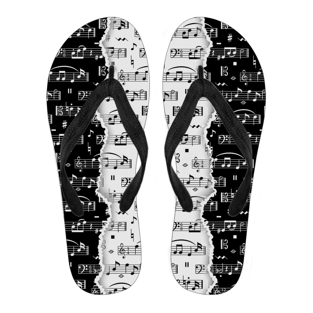 Music Notes Black And White Flip Flops
