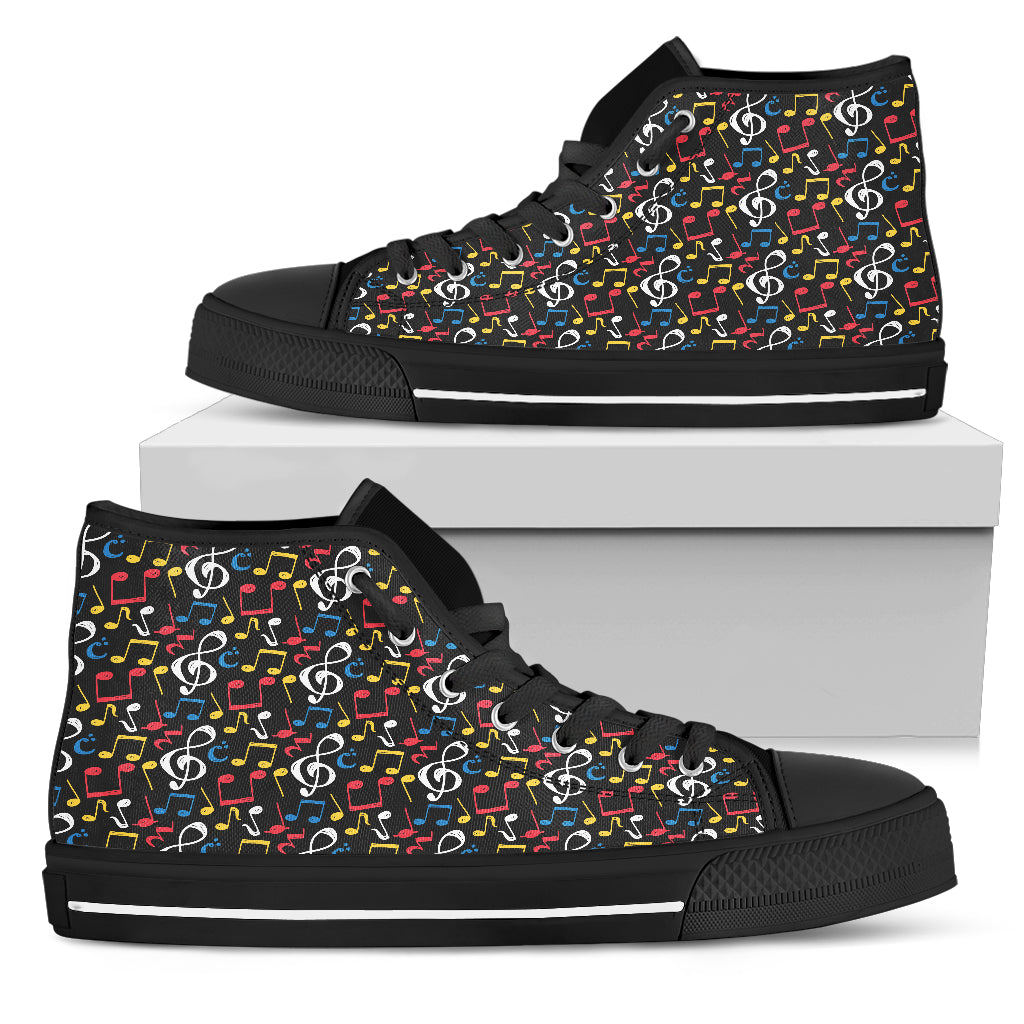 Music Notes Mix of Colors Shoes. Womens High Top Canvas Black Sole