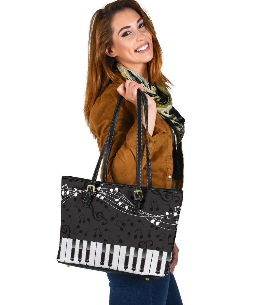 Piano Music Notes Leather Tote Bag