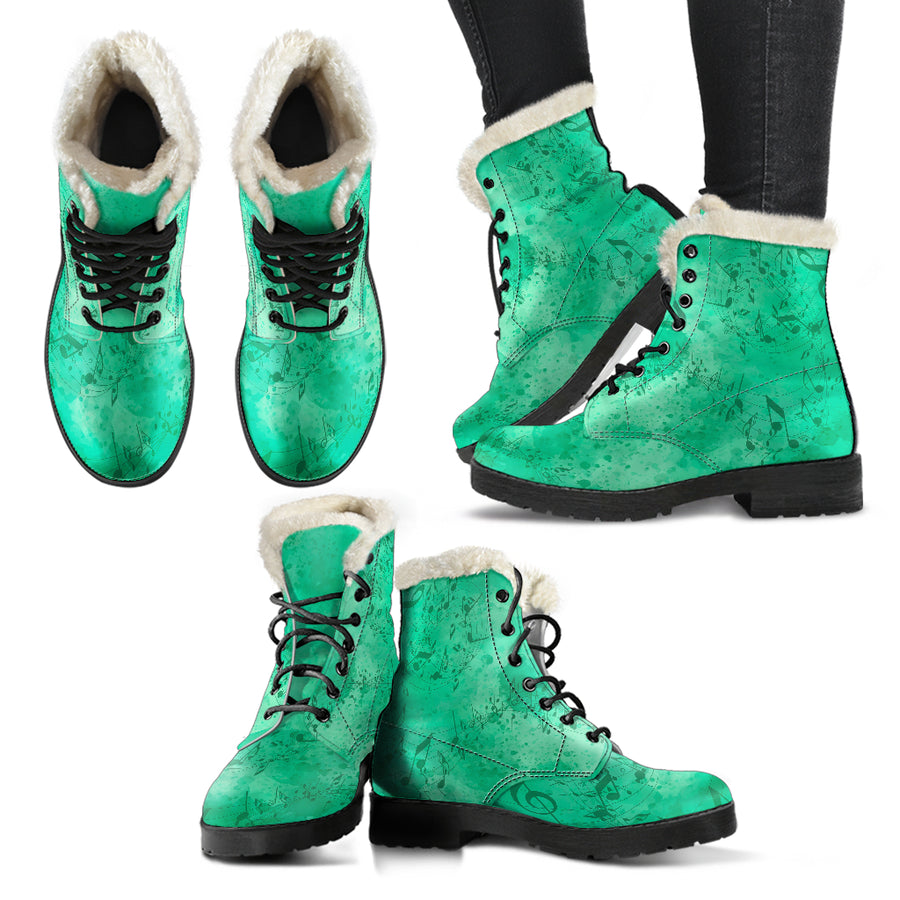 Music Notes Green Fur Boots
