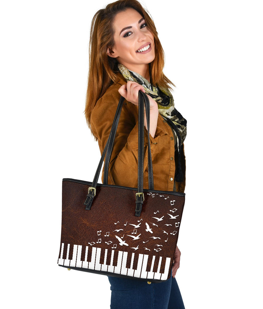Piano Keys Music Birds Leather Tote Bag