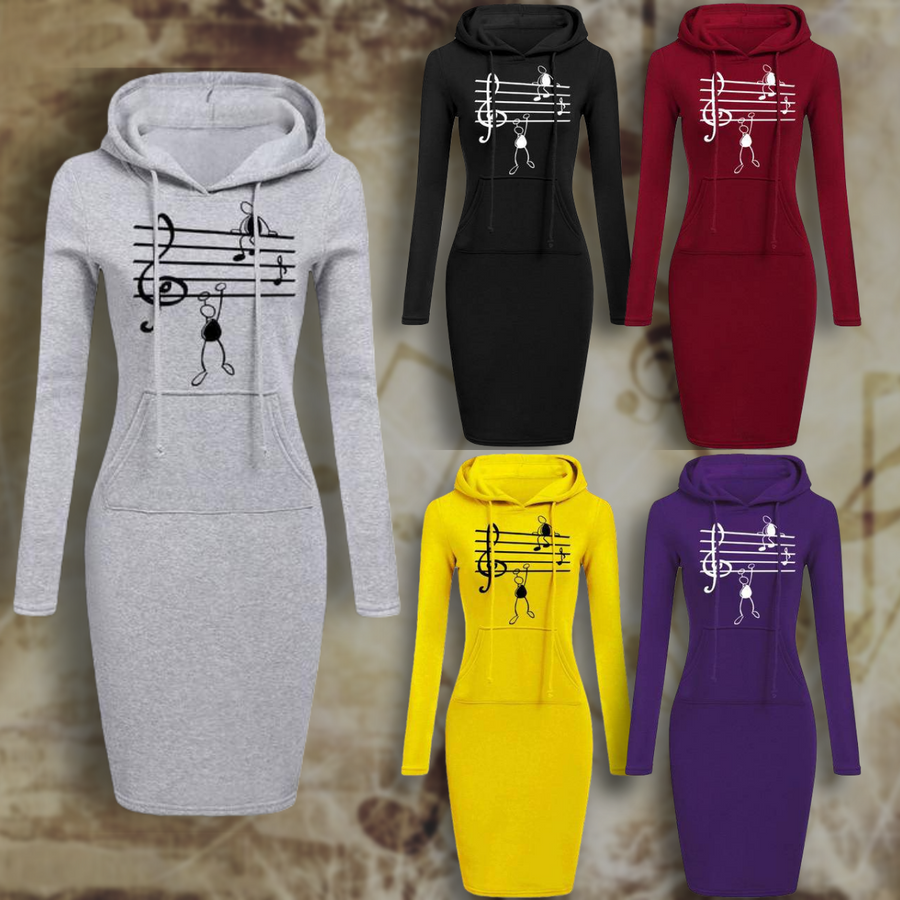 Music Notes Print Hooded Dress