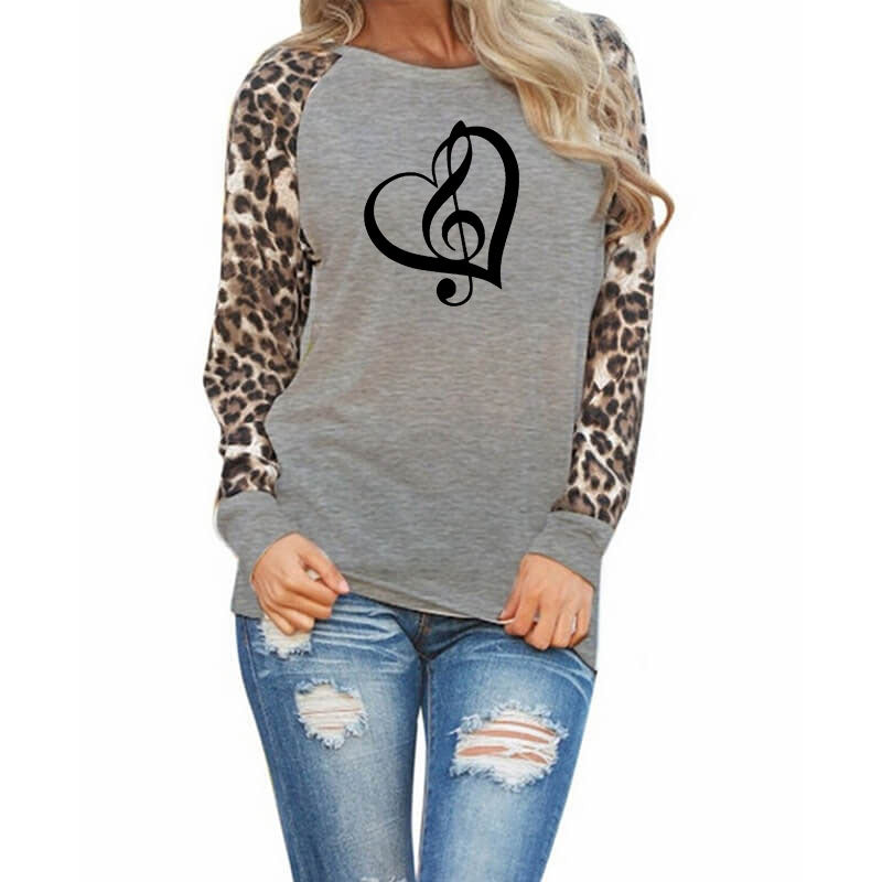 Music Heart & Leopard Print Chiffon T-shirt