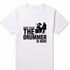 "KEEP CALM, THE DRUMMER IS HERE" T-Shirt - White Tee, Black Print / XS - { shop_name }} - Review