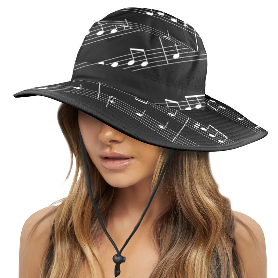 Black Music Notes Wide Brim Bucket Hat
