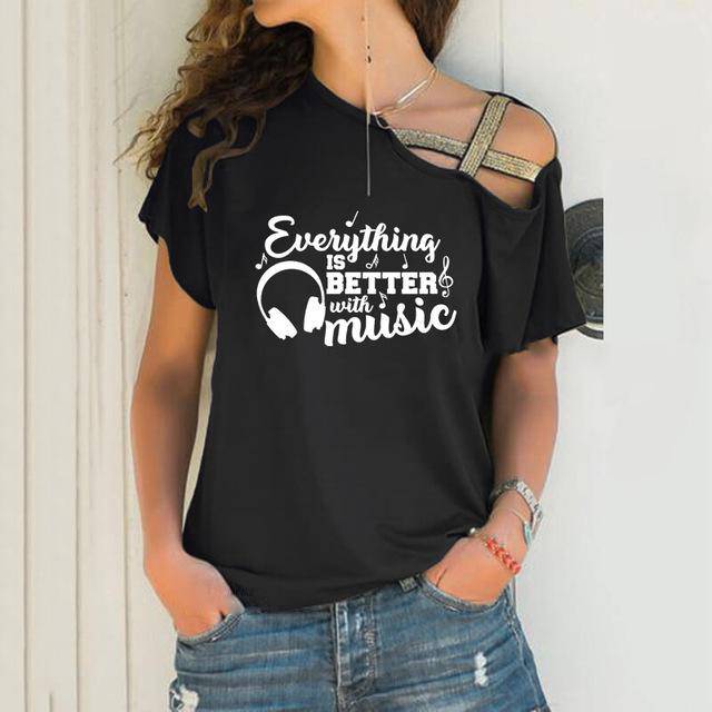 "Everything is Better With Music" Cross Bandage T-shirt - Black / S - { shop_name }} - Review
