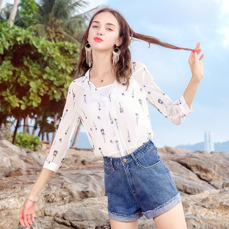 Floral Guitar Chiffon Blouse