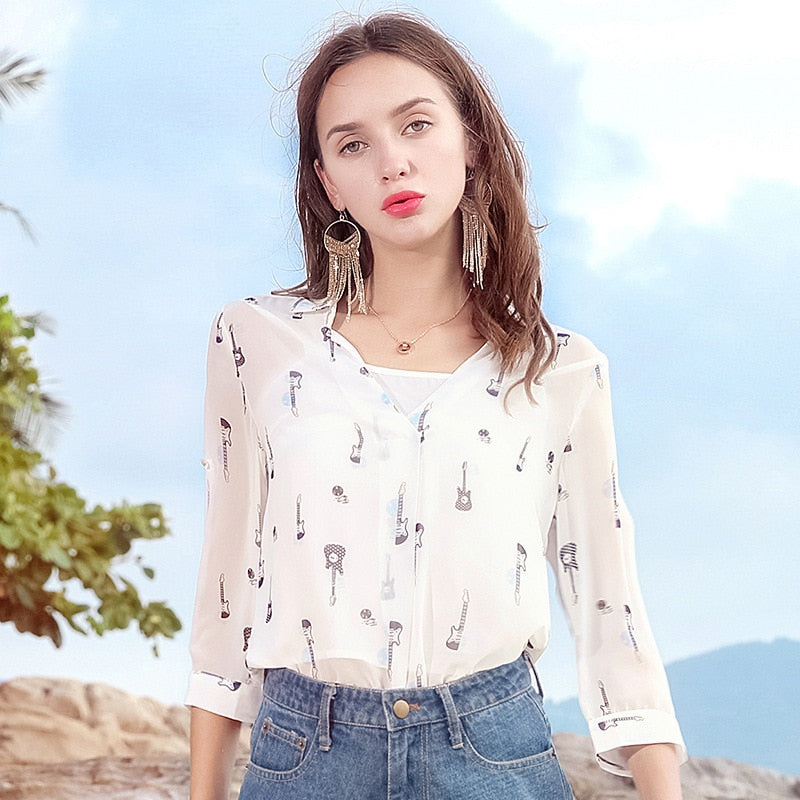 Floral Guitar Chiffon Blouse