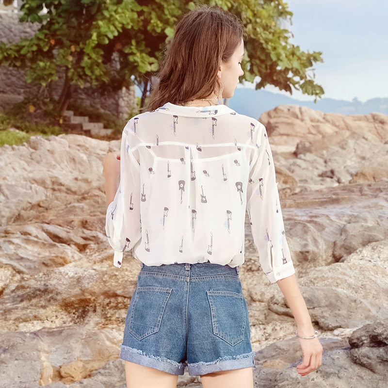 Floral Guitar Chiffon Blouse