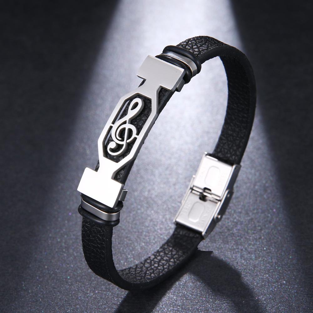 Silver Treble Clef Leather Bracelet