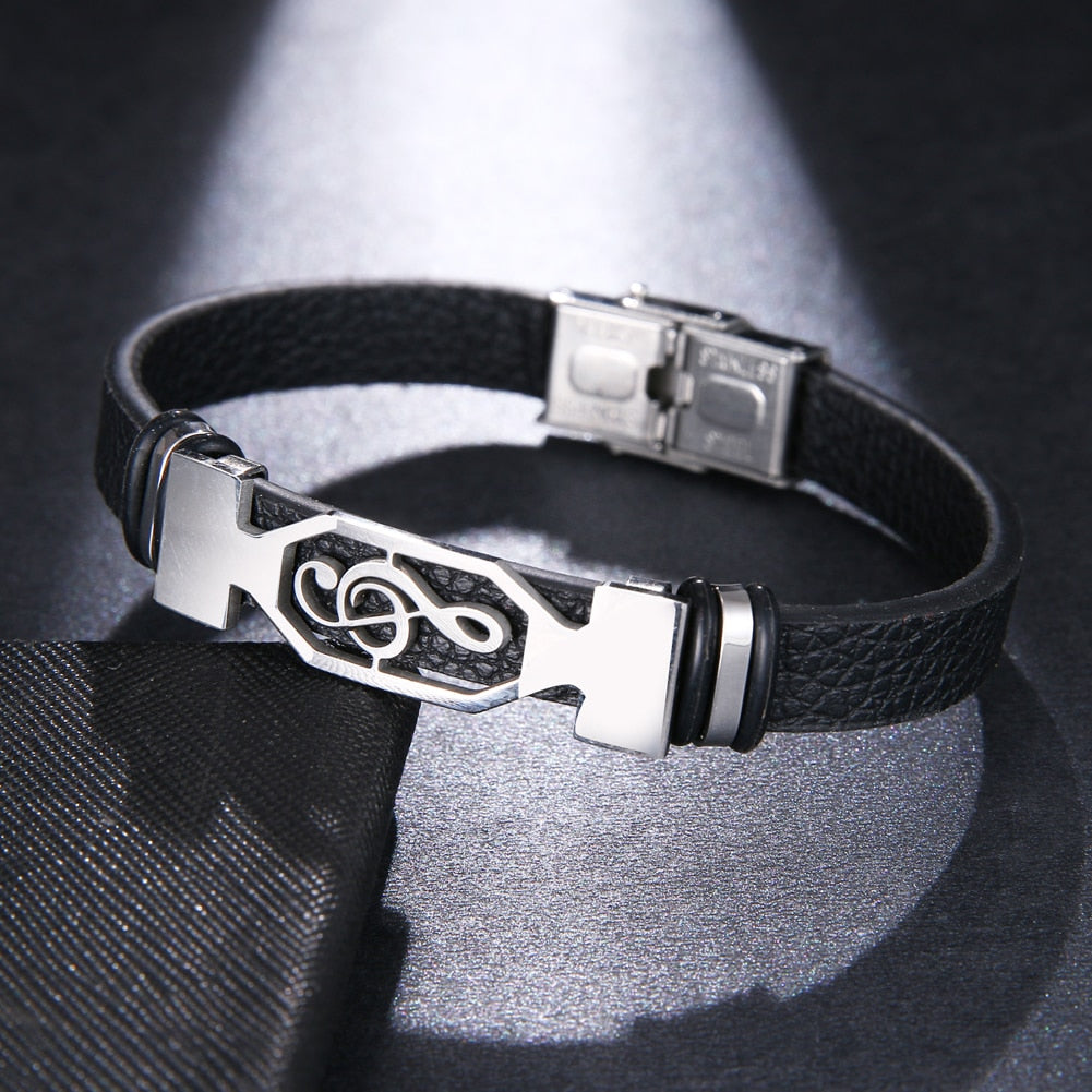 Silver Treble Clef Leather Bracelet