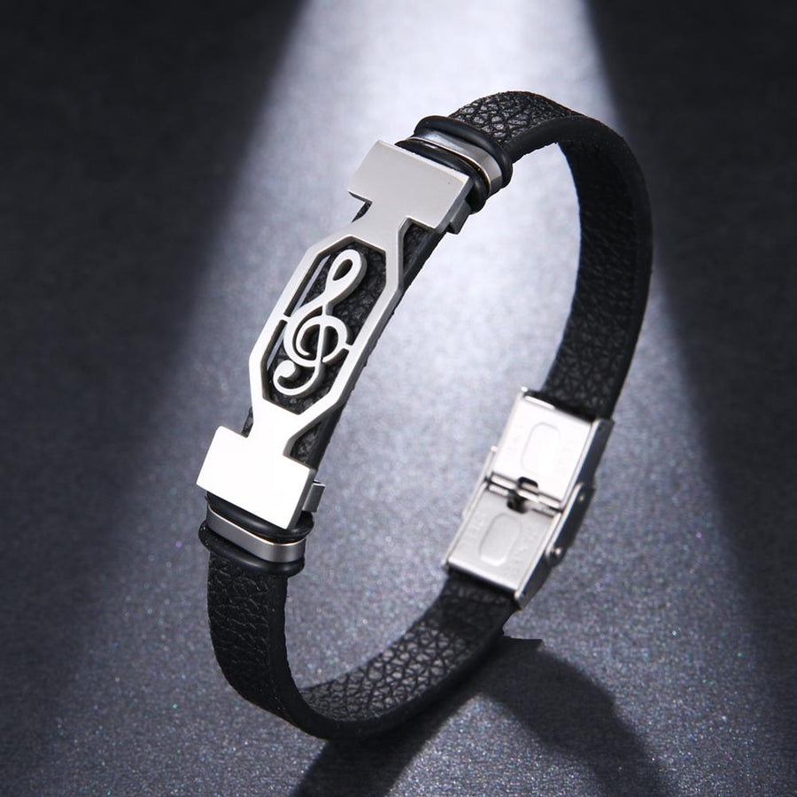 Silver Treble Clef Leather Bracelet