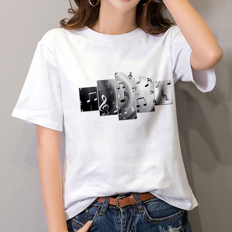 Music Notes Print White T-shirt