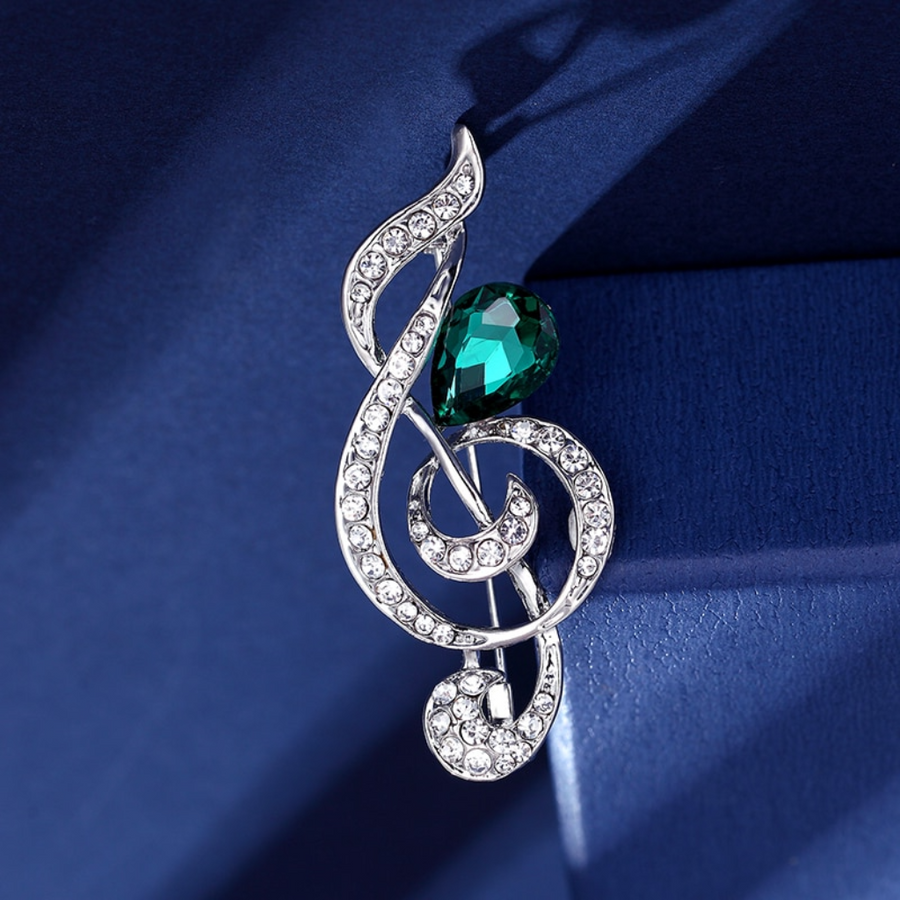 Green Rhinestone Treble Clef Brooch