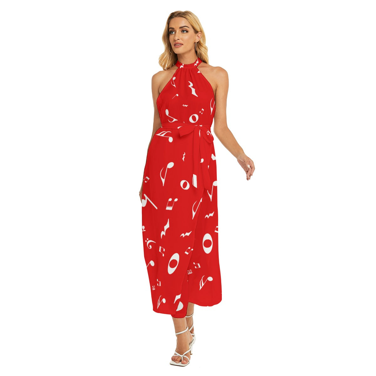 Music Notes Red Halter Dress