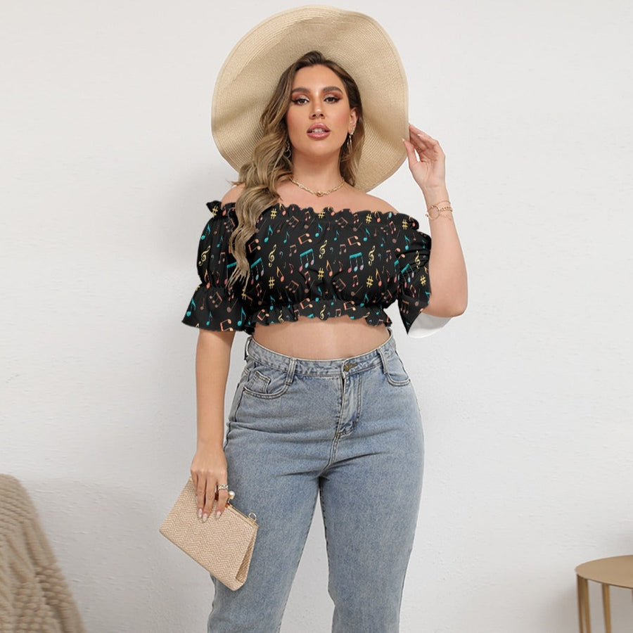 Colorful Music Notes Puff Sleeve Off-Shoulder Top
