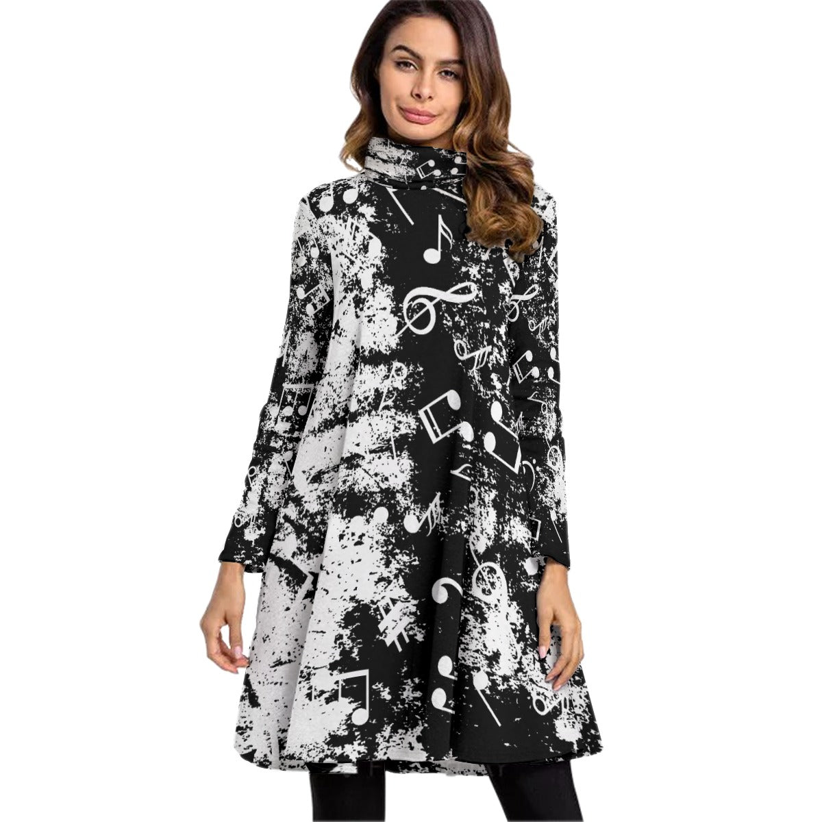 All-Over Print Women's High Neck Dress With Long Sleeve