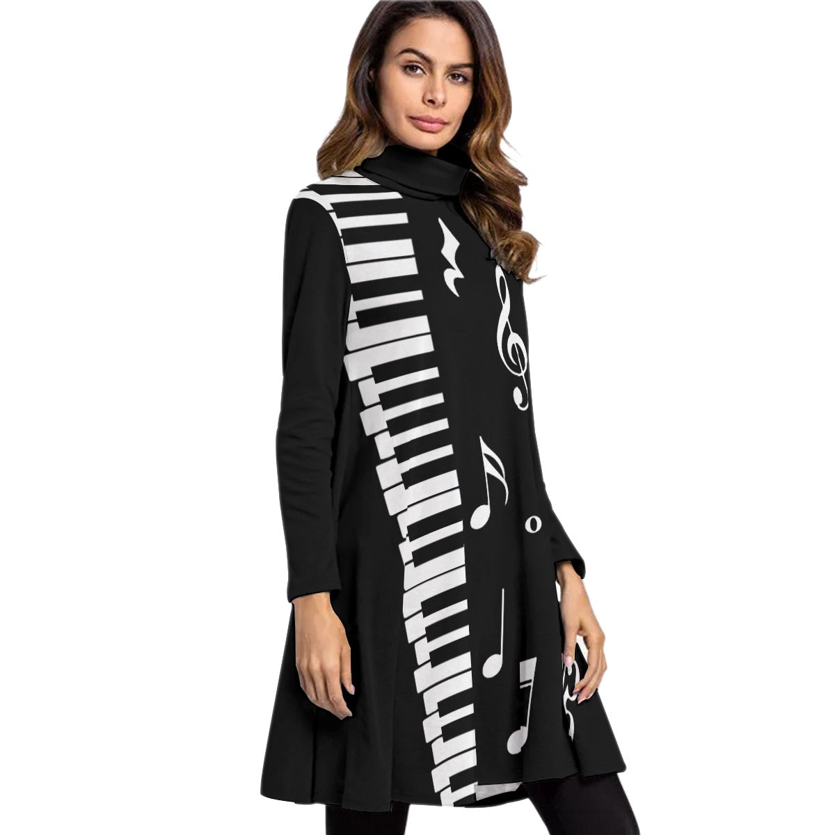 All-Over Print Women's High Neck Dress With Long Sleeve