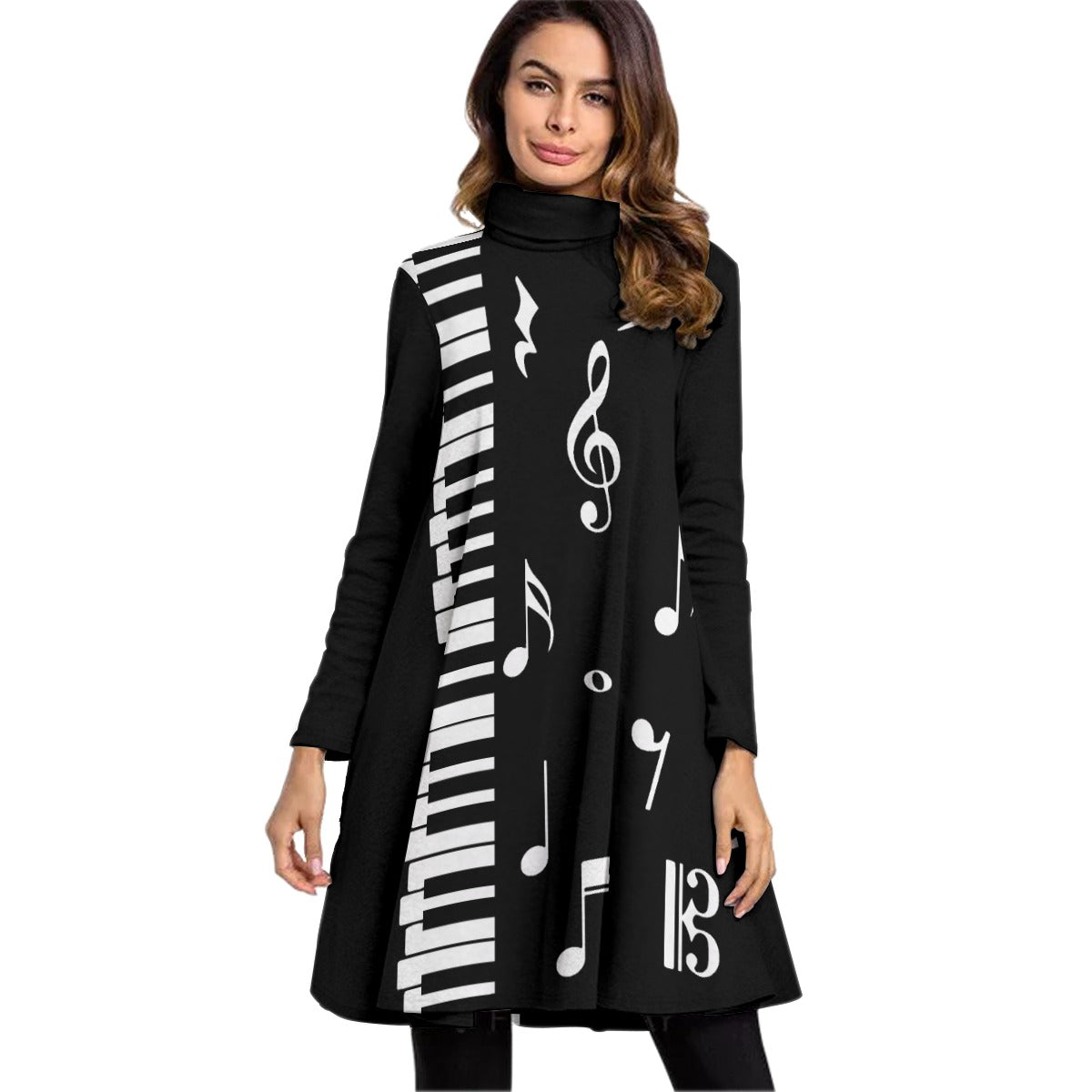 All-Over Print Women's High Neck Dress With Long Sleeve
