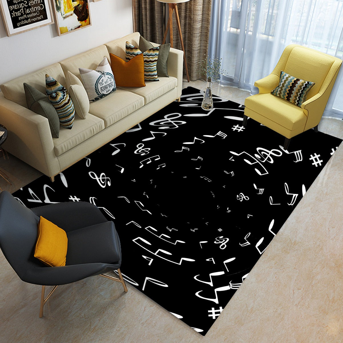Music Notes Black Floor Mat