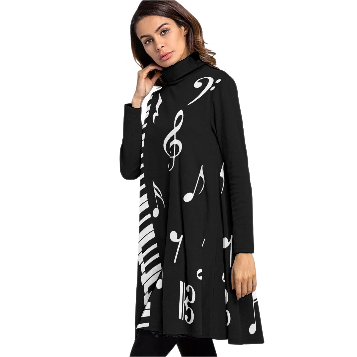 All-Over Print Women's High Neck Dress With Long Sleeve