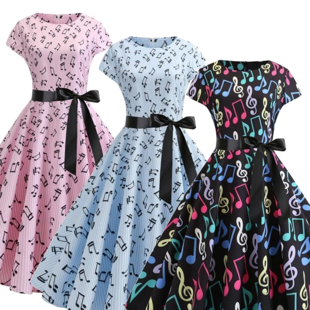 Music Notes Short Sleeve Bow Dress