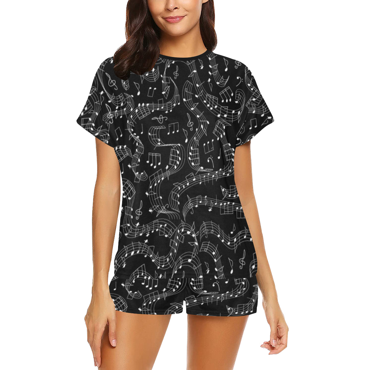 Music Notes Swirl Women's Short Black Pajama Set