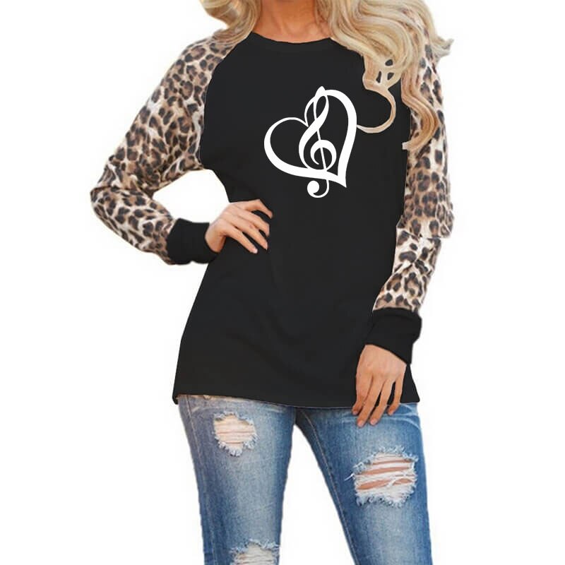 Music Heart & Leopard Print Chiffon T-shirt