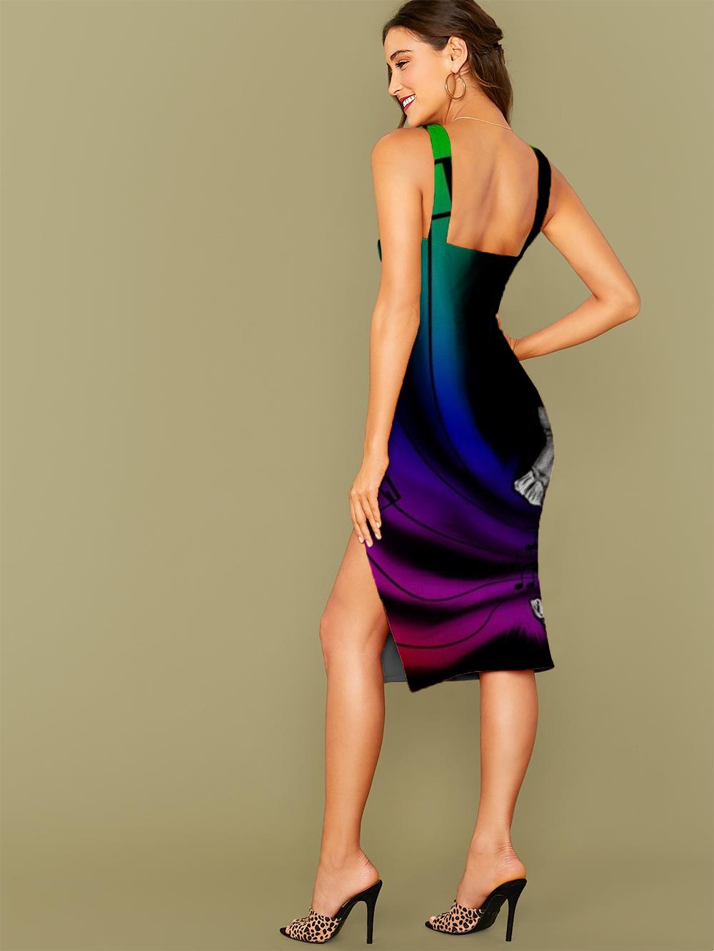 3D Music Skull Side Slit Dress